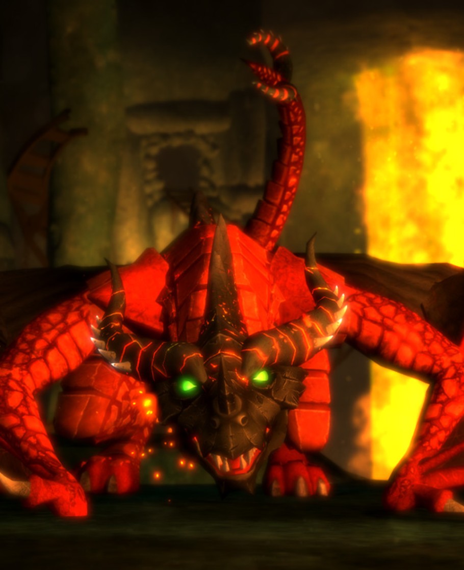 Charlock, known as the Red Dragon, with glowing green eyes.